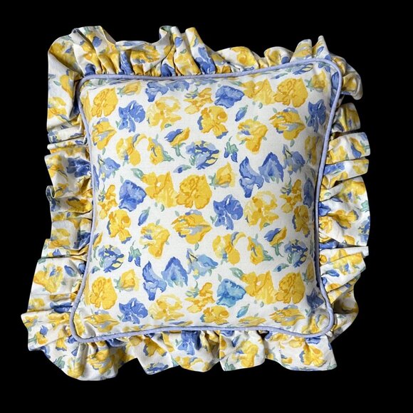 Vintage Throw Pillow Laura Ashley Charlotte USA Floral Ruffled 90s Blue Yellow - Picture 2 of 8